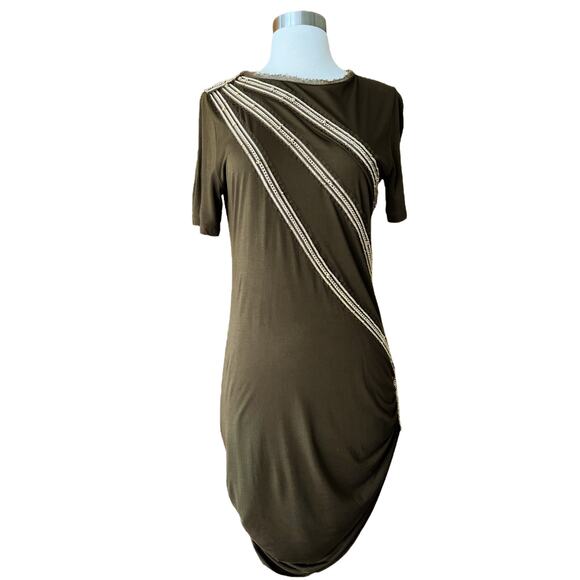 ROBERTO CAVALLI Dress Jersey Chain Embellished Ruched Short Sleeve Green 44 EUC - Picture 3 of 12